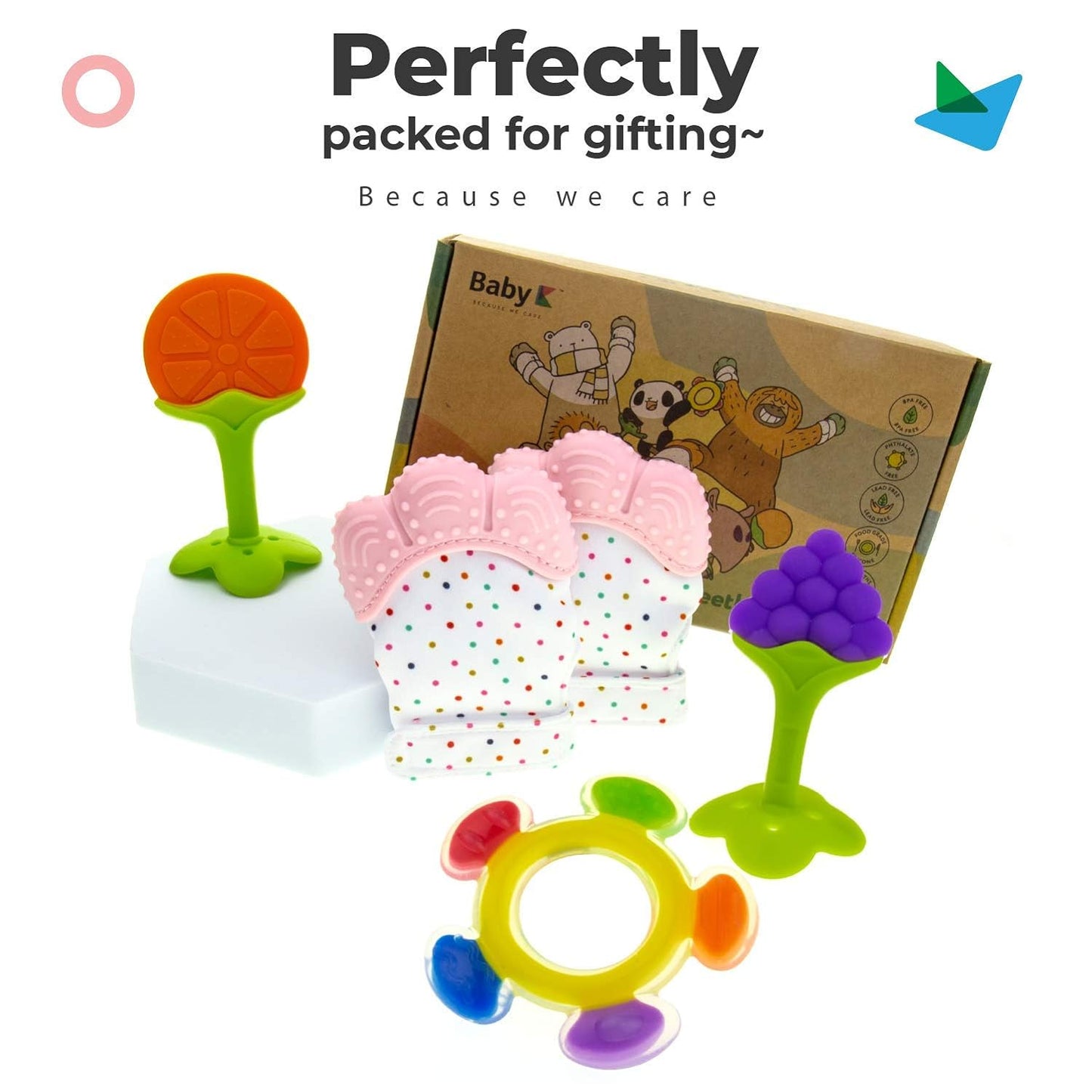 Teething Toys Set (Green Set B) - Baby Teething Mitten & Ferris Wheel Baby Teething Toys - Silicone Teether Toys for Infant Teething Relief - Fruit Teethers for Babies 0-6, 6-12 Months