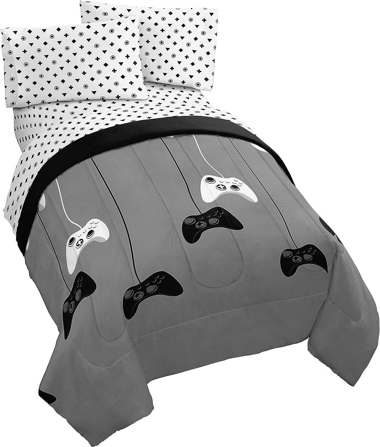 Game on 4 Piece Twin Bed Set - Includes Reversible Comforter & Sheet Set - Bedding Features Video Game Contoller - Super Soft Fade Resistant Microfiber