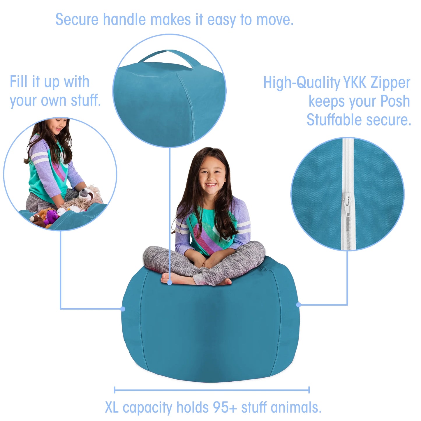Bean Bag Stuffable Cover - Toy Organizer, Soft Cover, Kids, 3 Ft, Heather Teal