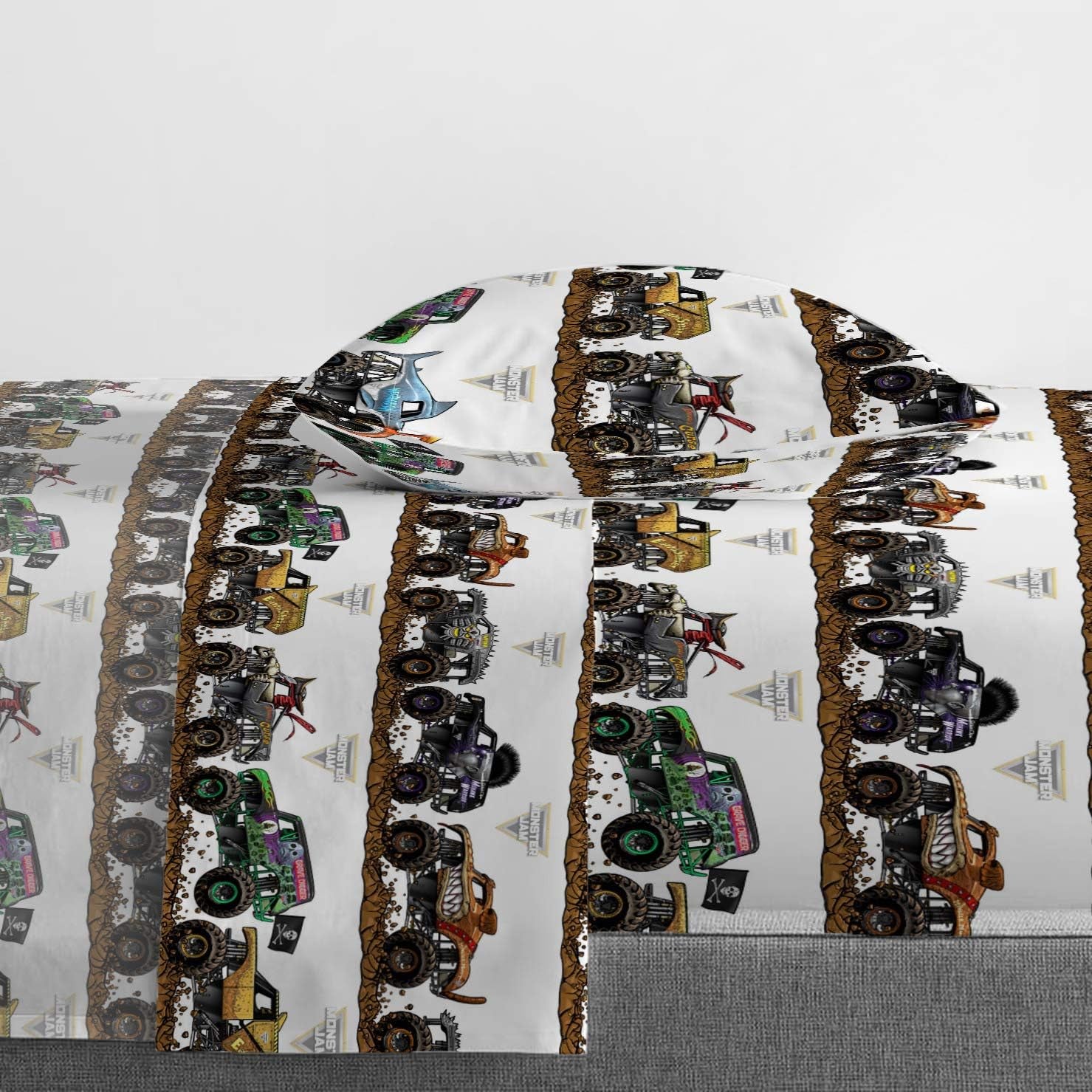 Monster Jam Tracks 4 Piece Twin Bed Set - Includes Comforter & Sheet Set - Bedding Features Grave Digger & Megalodon - Super Soft Fade Resistant Microfiber (Official Monster Jam Product)