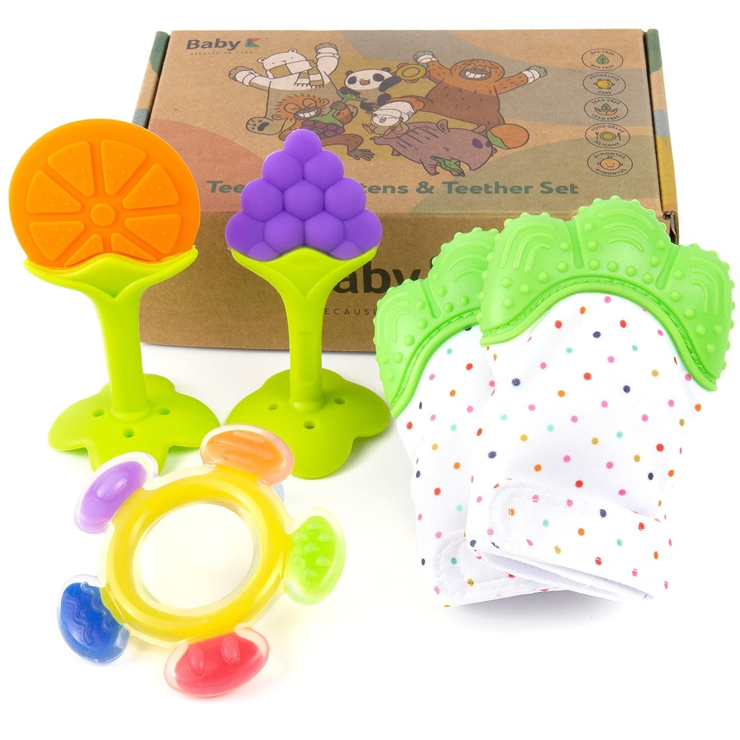 Teething Toys Set (Green Set B) - Baby Teething Mitten & Ferris Wheel Baby Teething Toys - Silicone Teether Toys for Infant Teething Relief - Fruit Teethers for Babies 0-6, 6-12 Months