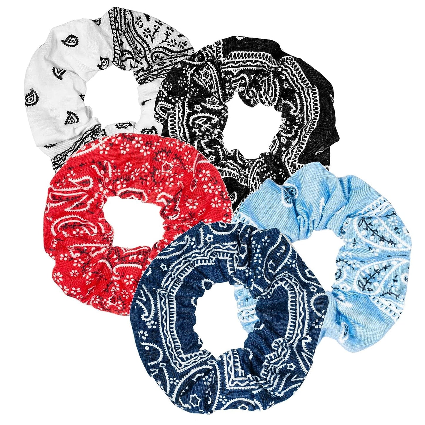 Women Cotton Bandana Print Hair Ties, Paisley, 5 Ct
