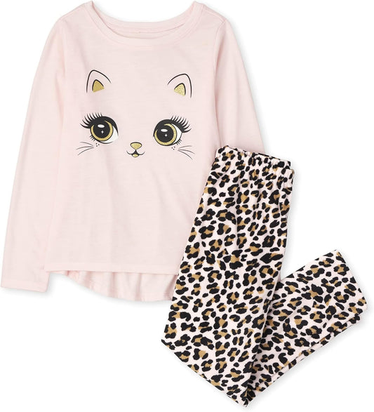 Girls Long Sleeve Cat Leopard Pajamas
