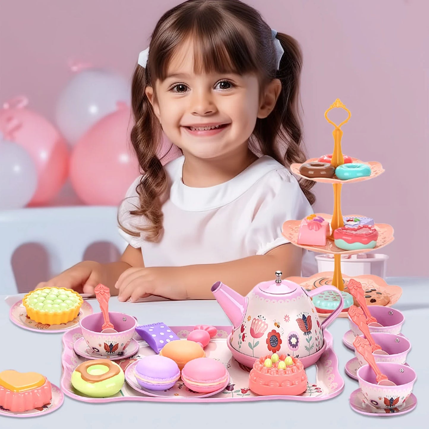 Tea Party Set for Little Girls, Princess Tea Set for Toddlers, Flower Design Toy Tea Set with Teapot, Cup, Plate, Coaster, Spoon and Carry Case, Pretend Play Toys for Kids
