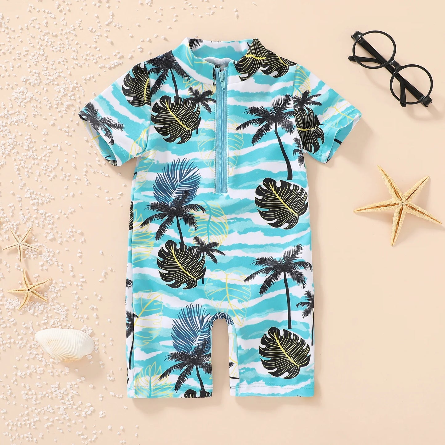 Newborn Baby Boys Swimsuit Short Sleeve Zipper One-Piece Bodysuit Sunsuit Swimwear Bathing Suit for 18-24 Months