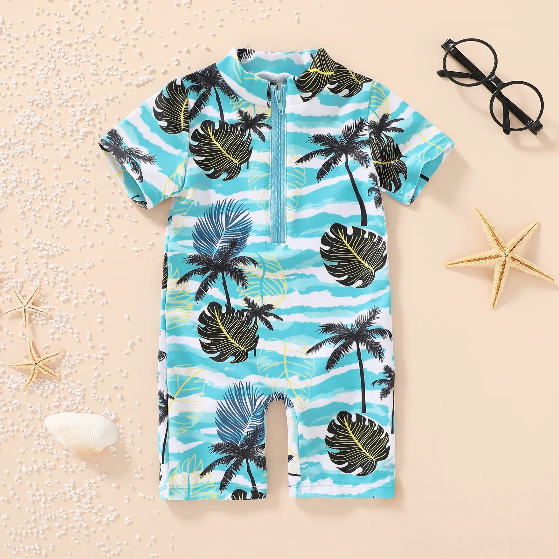 Newborn Baby Boys Swimsuit Short Sleeve Zipper One-Piece Bodysuit Sunsuit Swimwear Bathing Suit for 18-24 Months