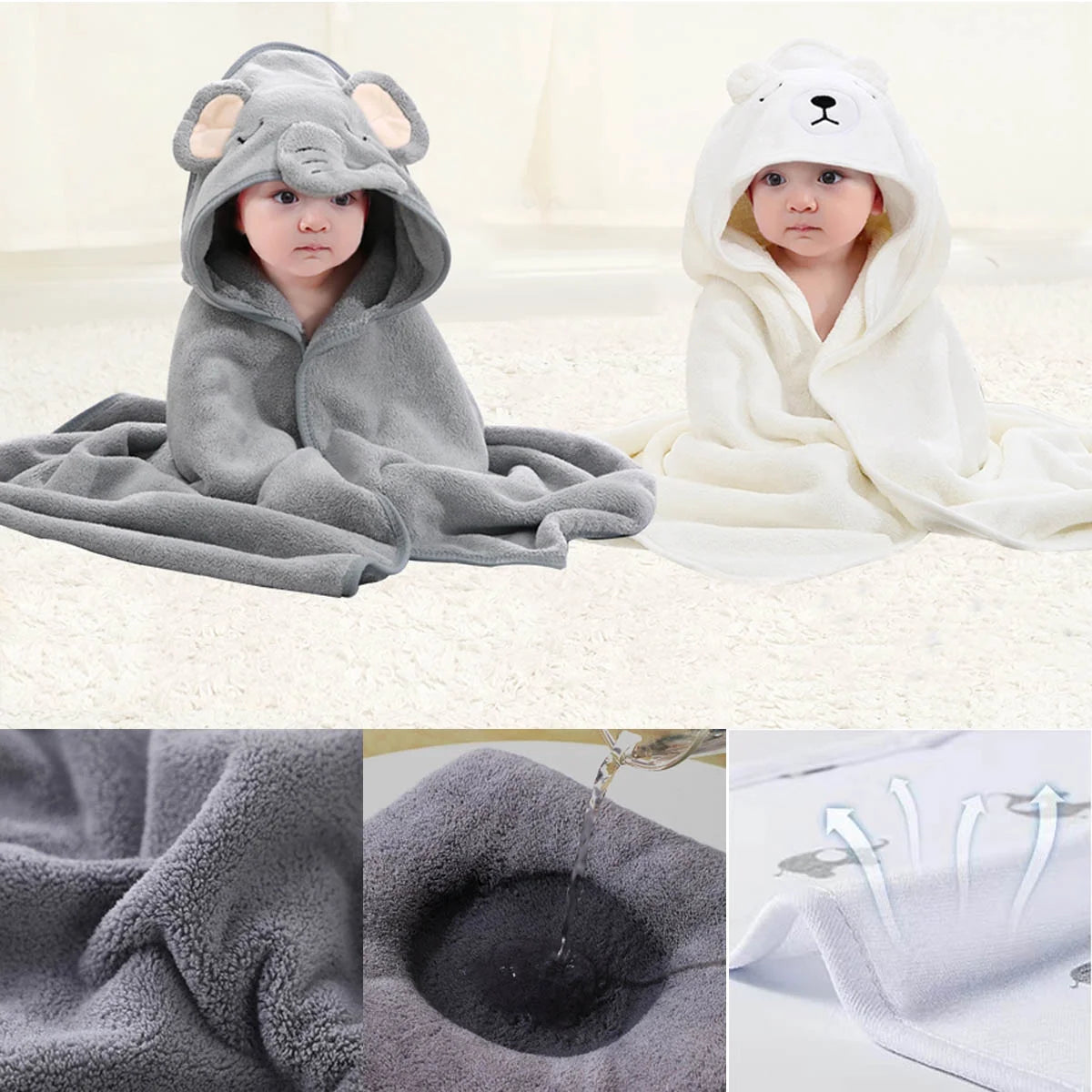 IFCOW 2Pcs Baby Hooded Towels Soft Cotton Baby Bath Towel ，31.5 X 31.5" Ultra Absorbent Towel for Newborn Toddler Infants Babie Gifts