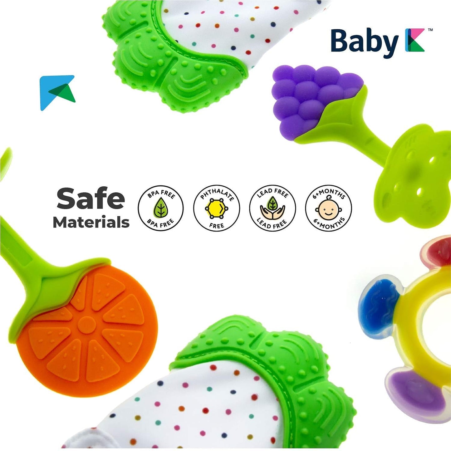 Teething Toys Set (Green Set B) - Baby Teething Mitten & Ferris Wheel Baby Teething Toys - Silicone Teether Toys for Infant Teething Relief - Fruit Teethers for Babies 0-6, 6-12 Months