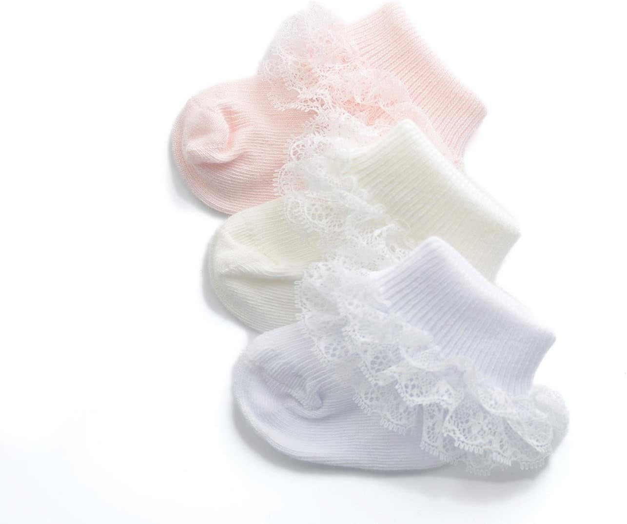 Baby-Girls Eyelet Turn Cuff Ruffle Lace Socks Triple Lace Dressy Socks Newborn/Infants/Toddlers 3/5 Pairs