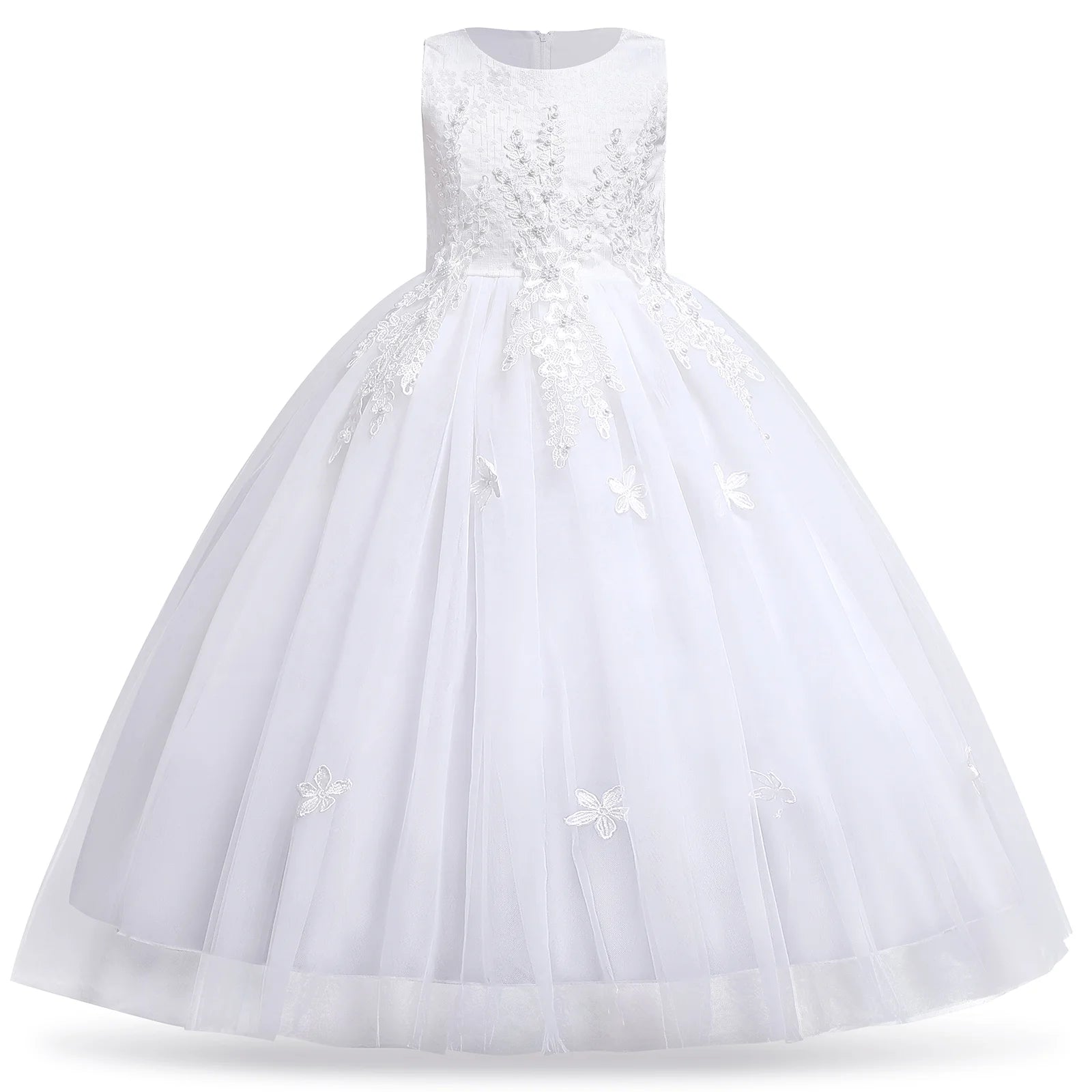 Kids Girls Flower Vintage Lace Princess Long Dress Tulle Pageant Formal Party Wedding Floor Dance Evening Gown 13-14 Years White