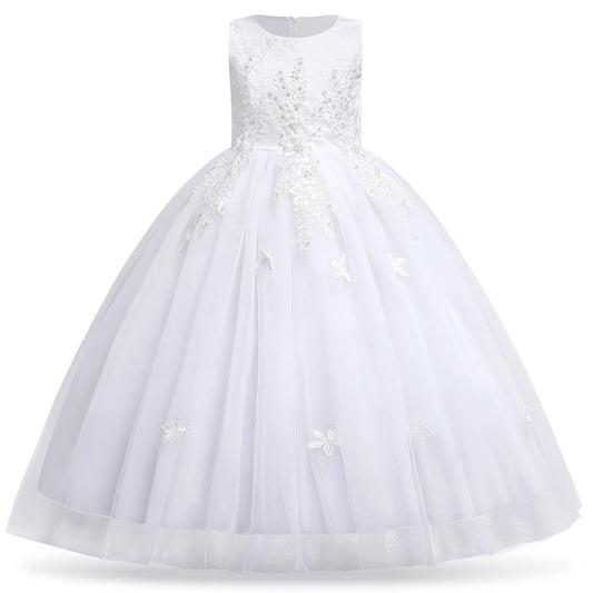 Kids Girls Flower Vintage Lace Princess Long Dress Tulle Pageant Formal Party Wedding Floor Dance Evening Gown 13-14 Years White