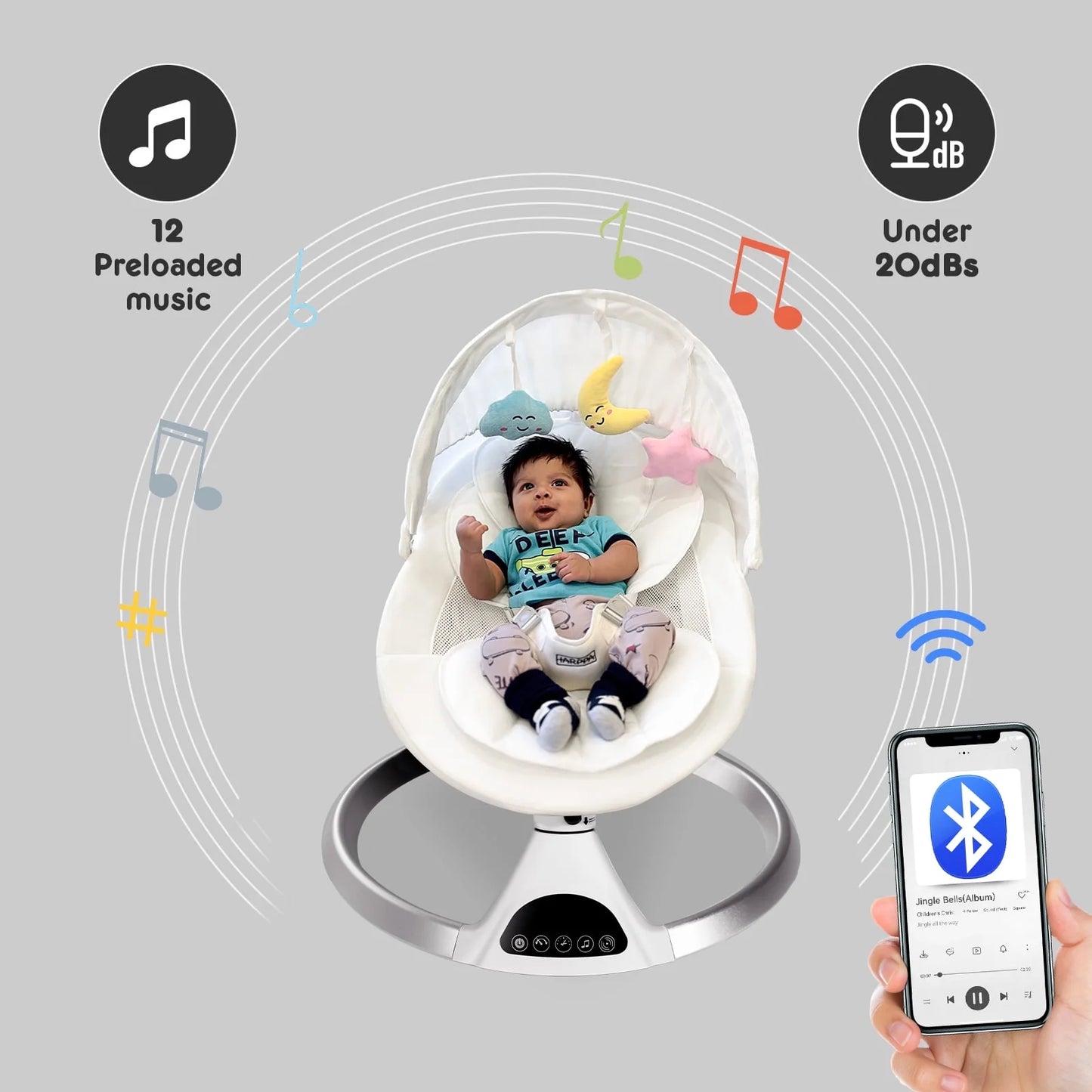 Electric Baby Swing for Infants with Bluetooth Music, 5 Sway Speed, Remote Control, White