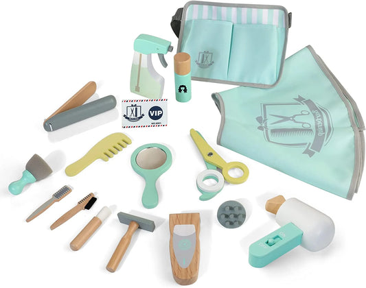 Kids Hair Salon Playset, Wooden Makeup Toy Set, Hair Styling Toys for Girls, Kids Shaving Kit for Boys, Kids Barber Playset, Gifts for 3 4 5 Year Old Girls Boys (18 PCS)