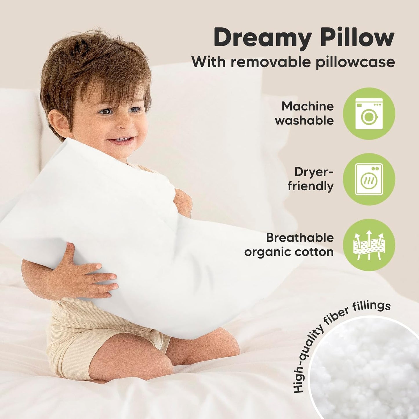 Toddler Pillow with Pillowcase - 13X18 My Little Dreamy Kids Travel Bed Pillows for Sleeping, Organic Cotton Small Pillowcase, Soft & Breathable, Machine Washable, Toddlers 2-5 Years Old (Soft White)
