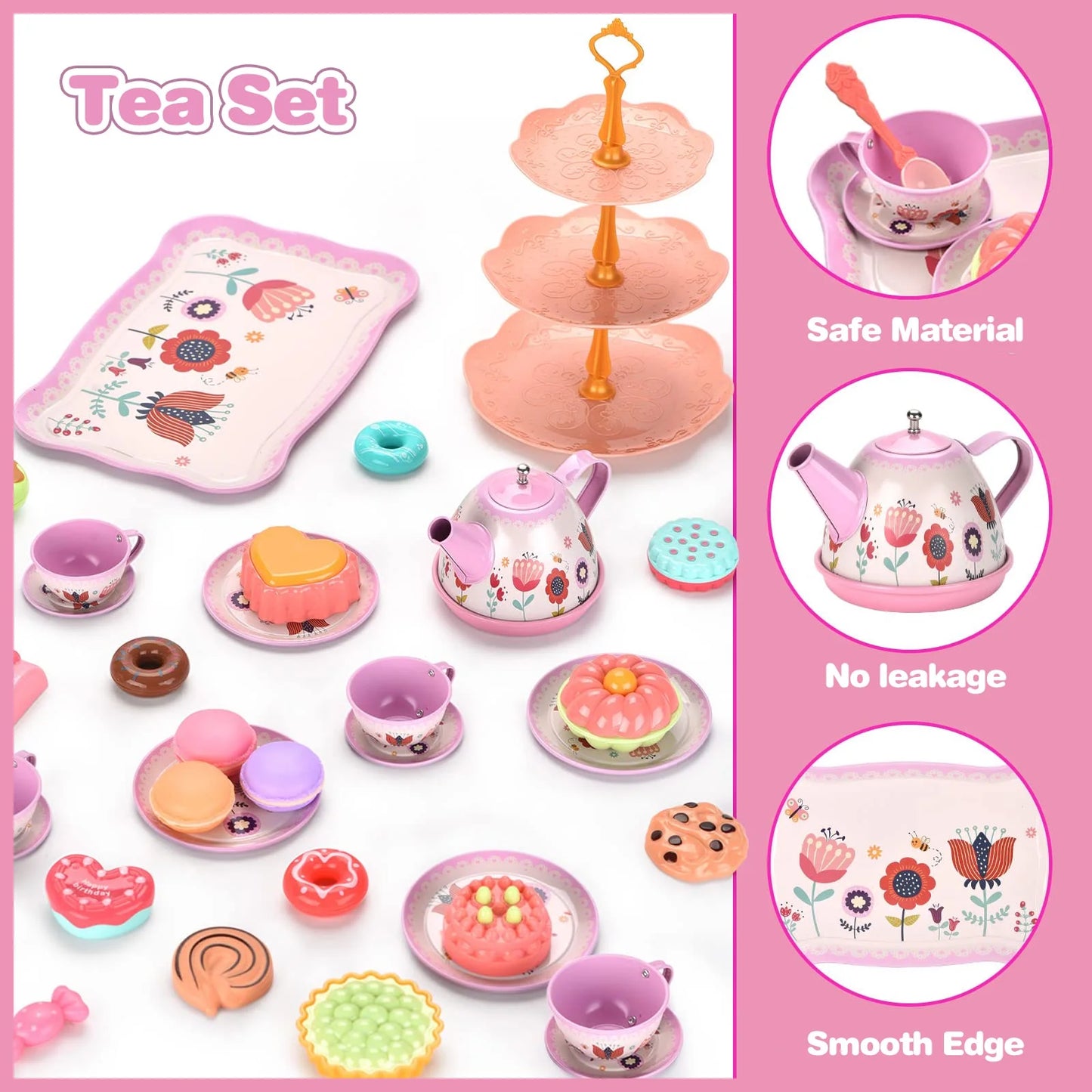 Tea Party Set for Little Girls, Princess Tea Set for Toddlers, Flower Design Toy Tea Set with Teapot, Cup, Plate, Coaster, Spoon and Carry Case, Pretend Play Toys for Kids