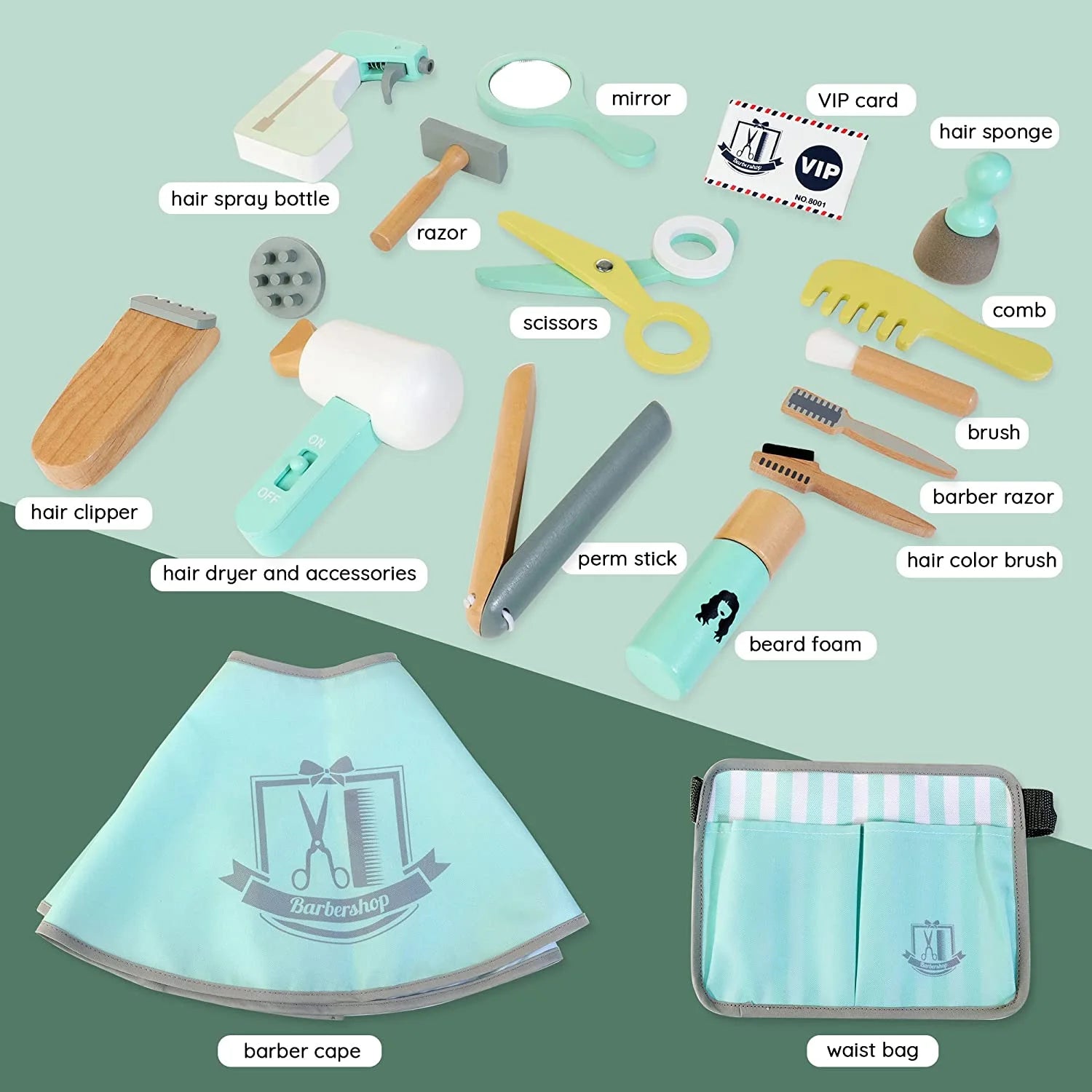 Kids Hair Salon Playset, Wooden Makeup Toy Set, Hair Styling Toys for Girls, Kids Shaving Kit for Boys, Kids Barber Playset, Gifts for 3 4 5 Year Old Girls Boys (18 PCS)