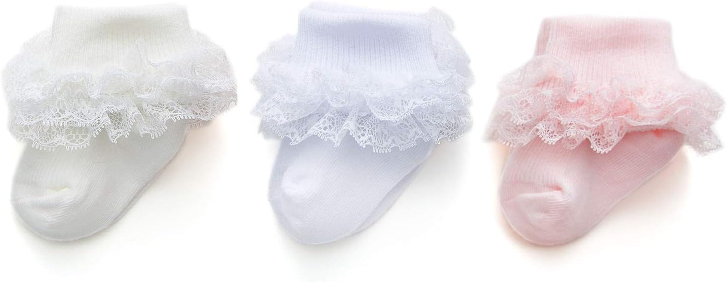 Baby-Girls Eyelet Turn Cuff Ruffle Lace Socks Triple Lace Dressy Socks Newborn/Infants/Toddlers 3/5 Pairs