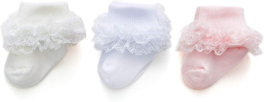 Baby-Girls Eyelet Turn Cuff Ruffle Lace Socks Triple Lace Dressy Socks Newborn/Infants/Toddlers 3/5 Pairs