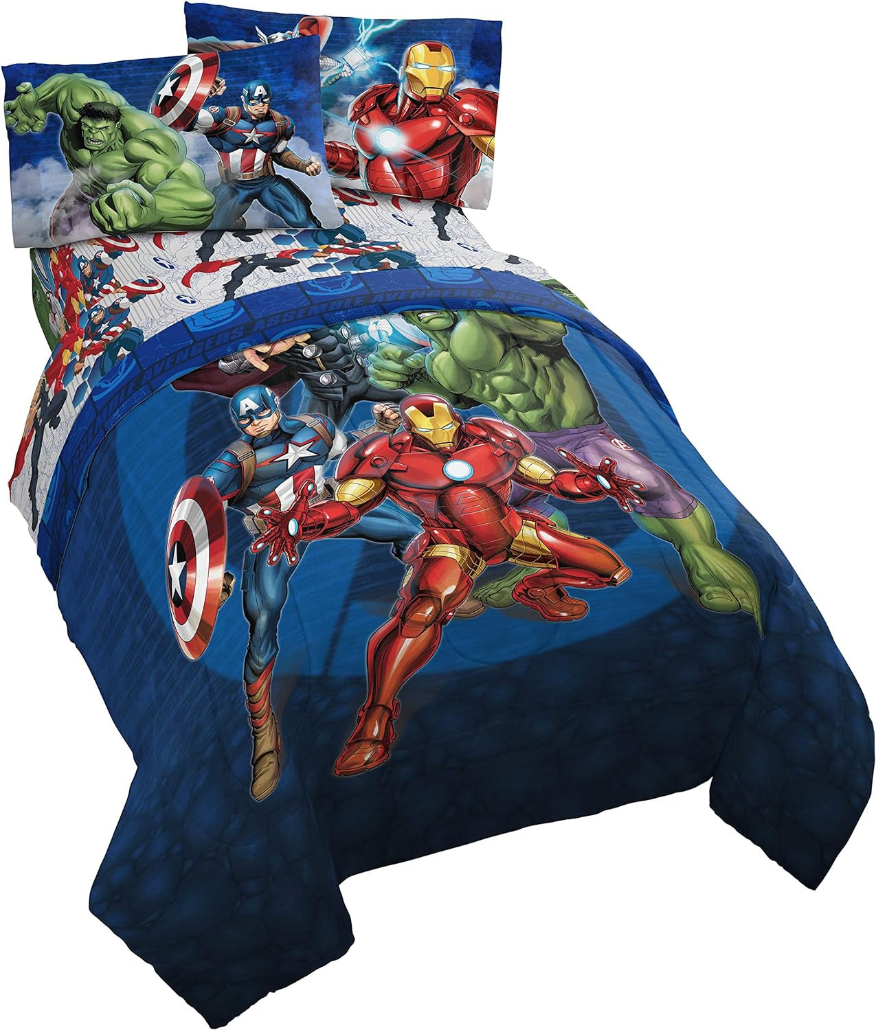 Marvel Avengers Blue Circle 5 Piece Full Bed Set - Includes Reversible Comforter & Sheet Set - Bedding Features Captain America & Iron Man - Fade Resistant Microfiber (Official Marvel Product)