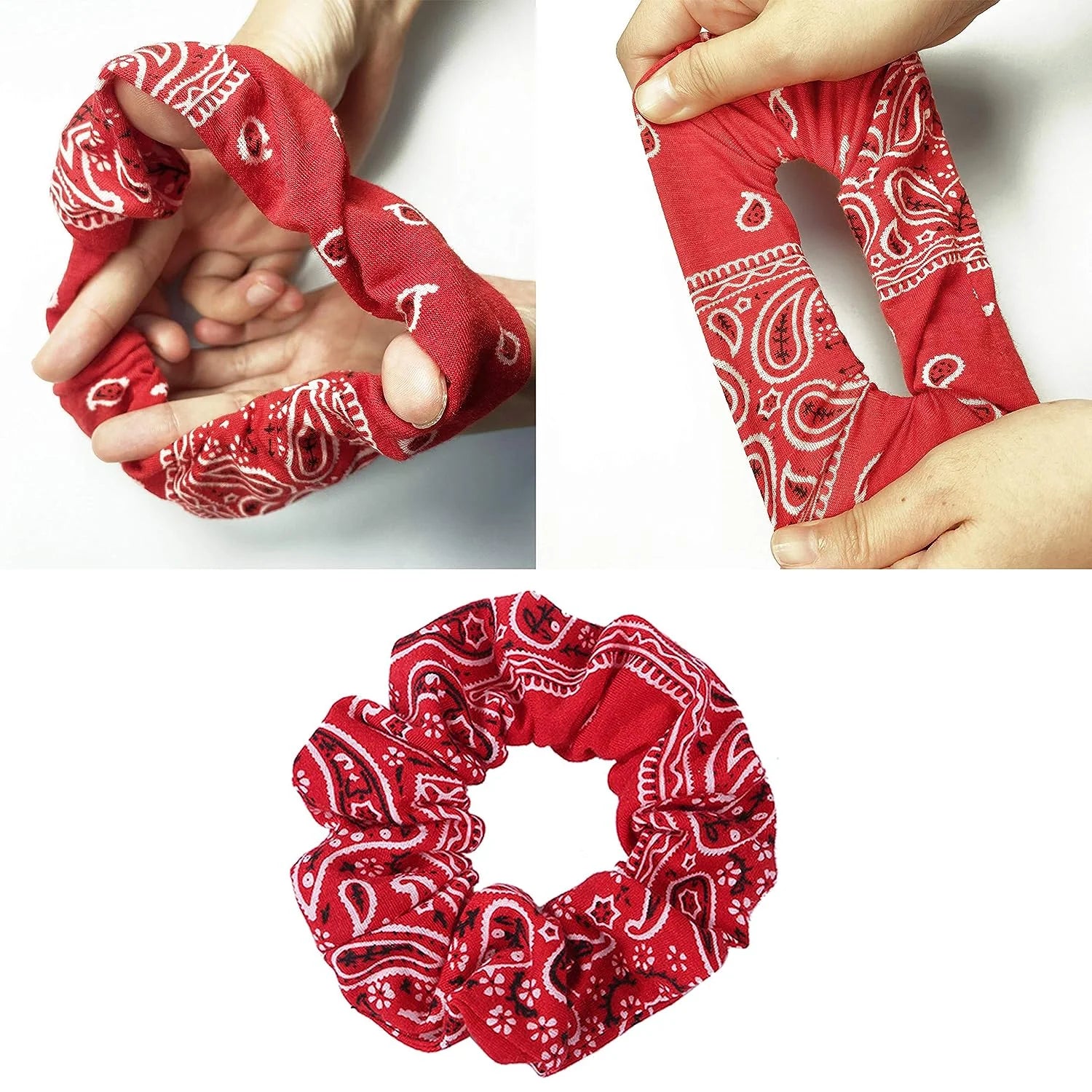 Women Cotton Bandana Print Hair Ties, Paisley, 5 Ct