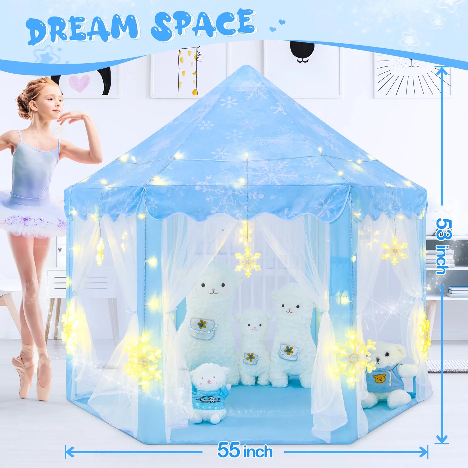 Frozen Princess Tent with Large Snowflake Lights, Frozen Tent for Girls Age 4-7, Kids Play Tent for Girls Indoor, Princess Castle Playhouse Tent for Toddlers, Blue Frozen Toy Tent 55X53 Inch