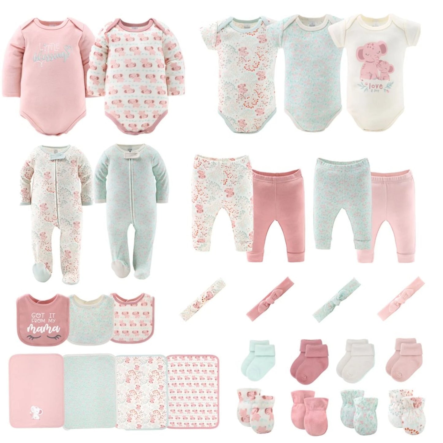 Newborn Layette Gift Set, Pink Floral Elephant, 30 Essential Pieces, 0-3 Months
