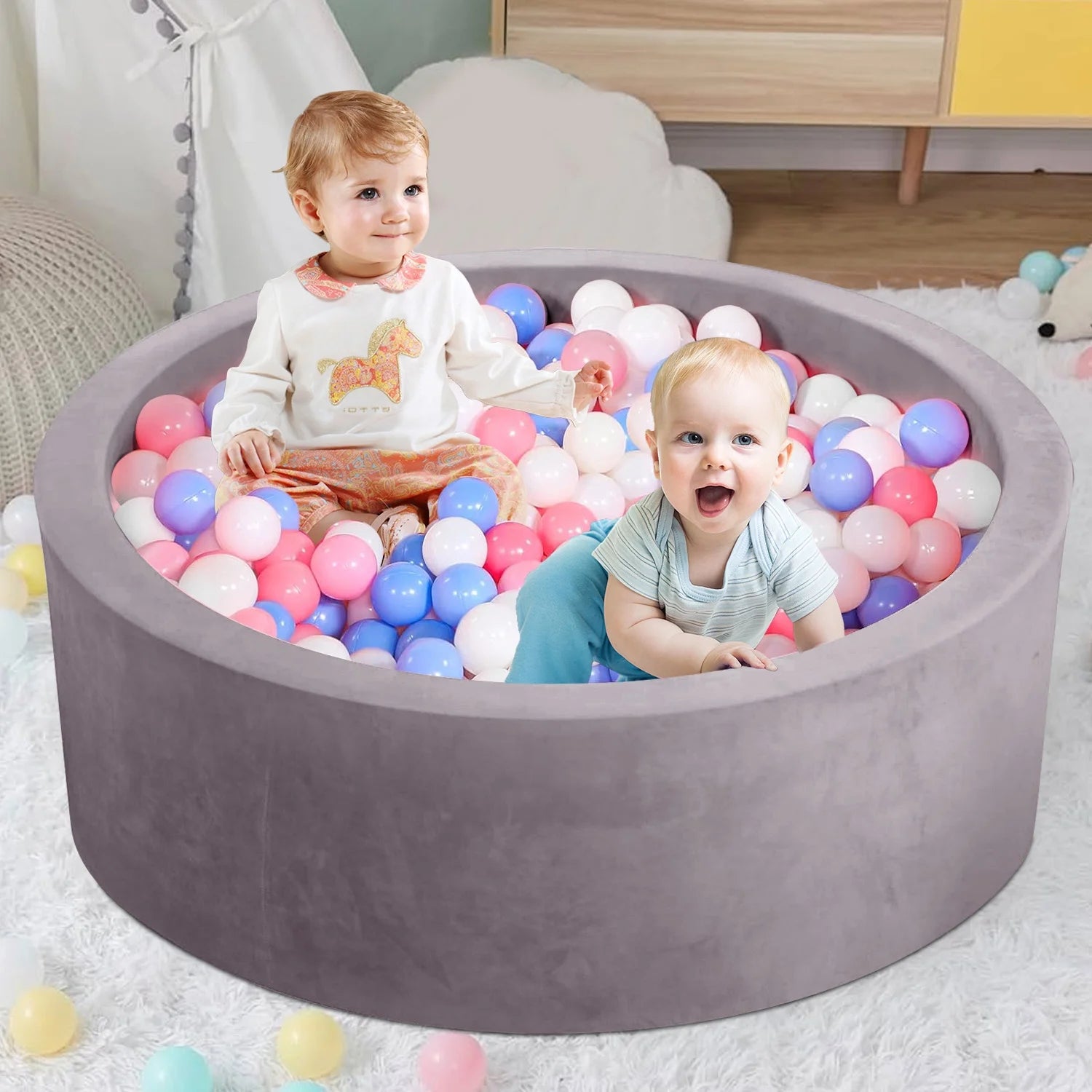 Foam Ball Pit - Soft Play for Baby Infants and Toddlers Ages 1-3, round Shape, No Balls Included, Gray