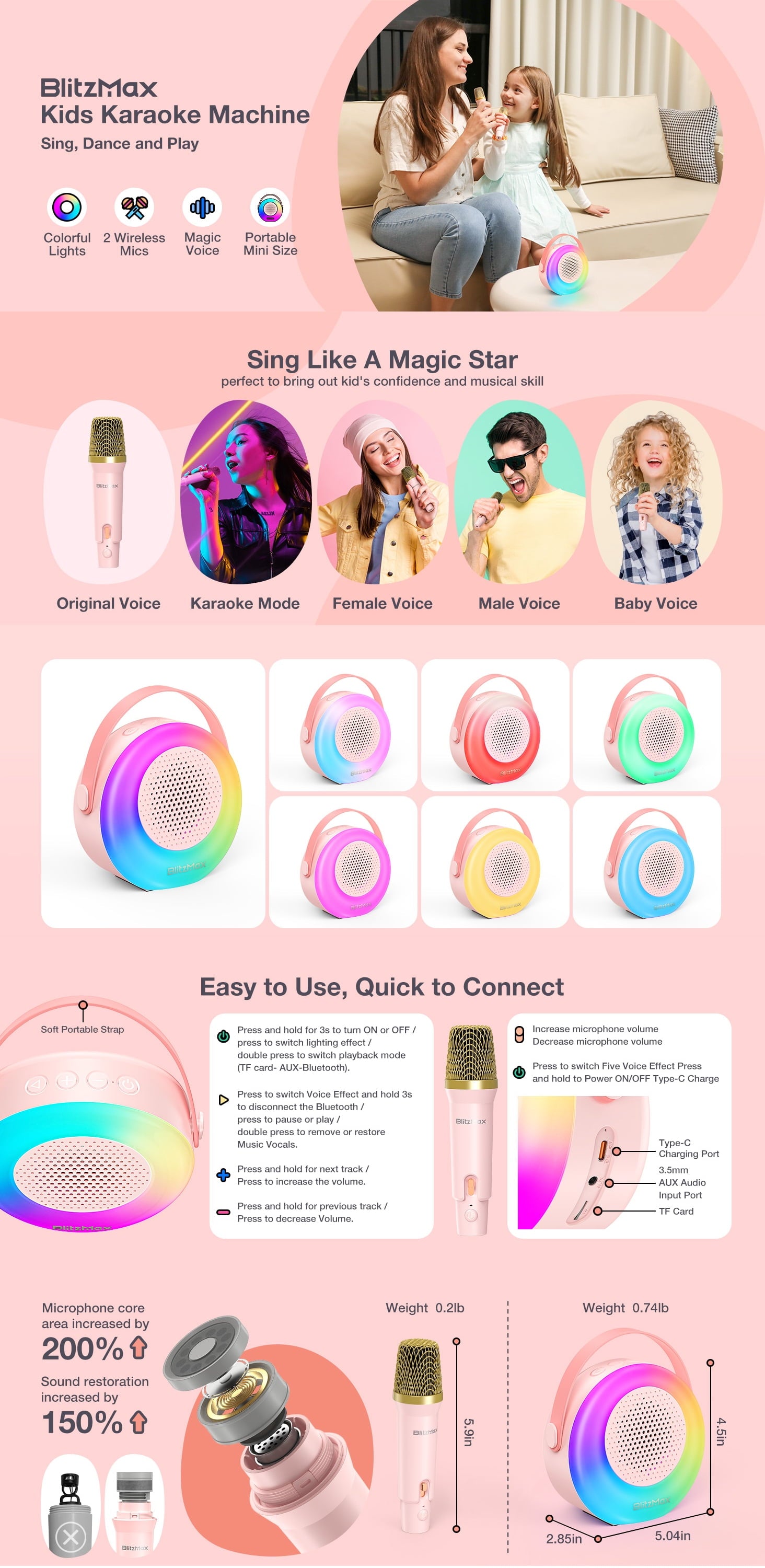 Mini Karaoke Machine for Kids, 2 Wireless Mic, Bluetooth Karaoke Singing Speaker, Birthday Gifts, Christmas Gifts