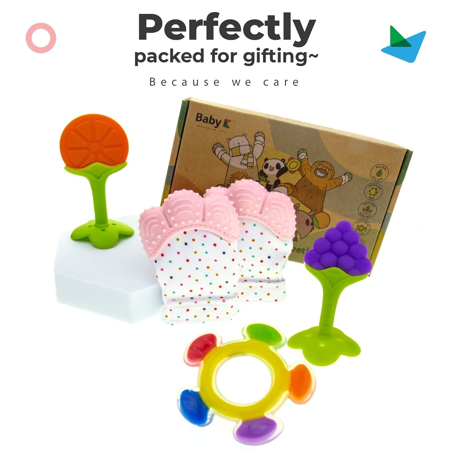 Teething Toys Set (Green Set B) - Baby Teething Mitten & Ferris Wheel Baby Teething Toys - Silicone Teether Toys for Infant Teething Relief - Fruit Teethers for Babies 0-6, 6-12 Months