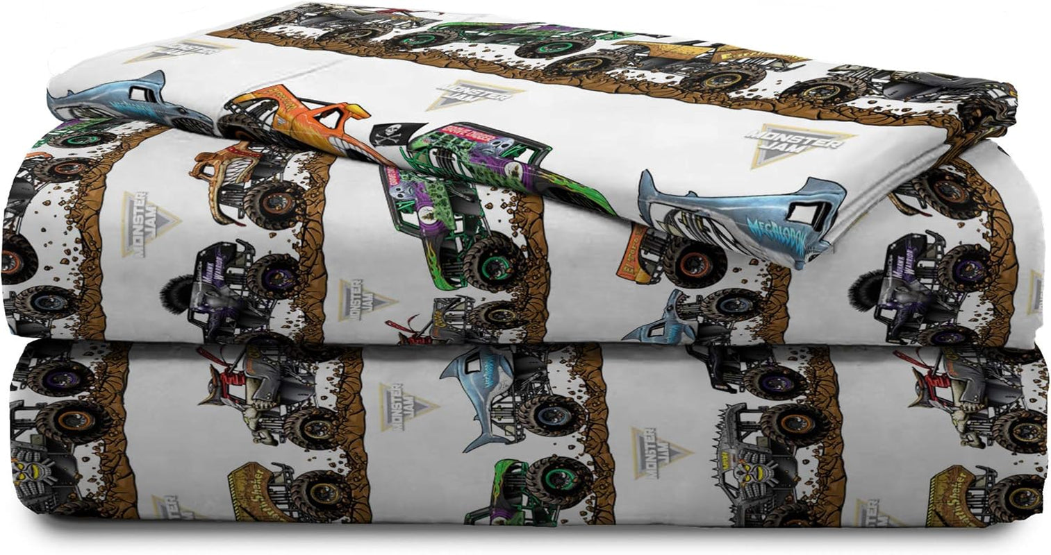 Monster Jam Tracks 4 Piece Twin Bed Set - Includes Comforter & Sheet Set - Bedding Features Grave Digger & Megalodon - Super Soft Fade Resistant Microfiber (Official Monster Jam Product)