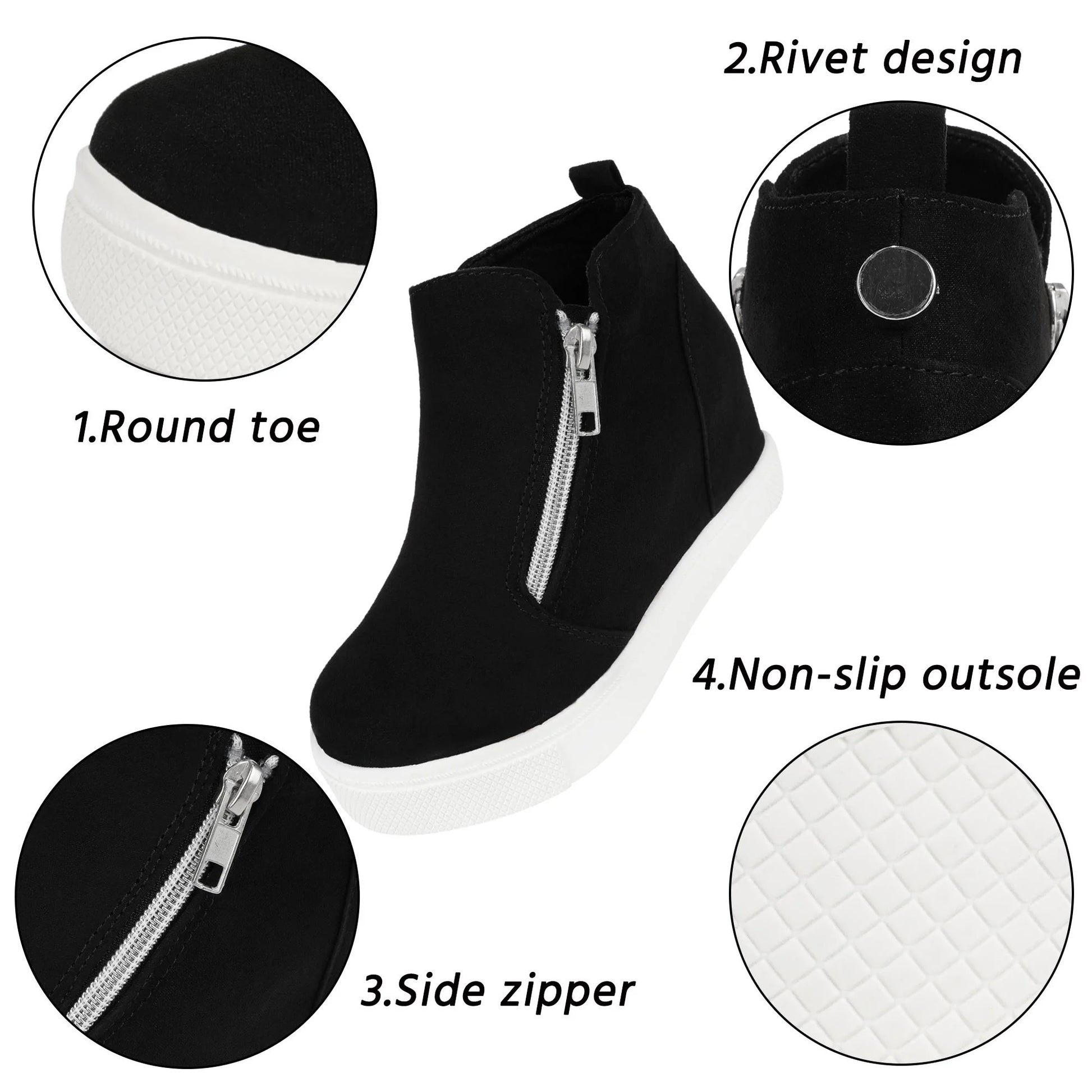 Girls Sneakers Girls Fashion Wedge Sneaker Shoes Little Big Kid High Top Shoes with Side Zipper Black Size 5 Big Kid