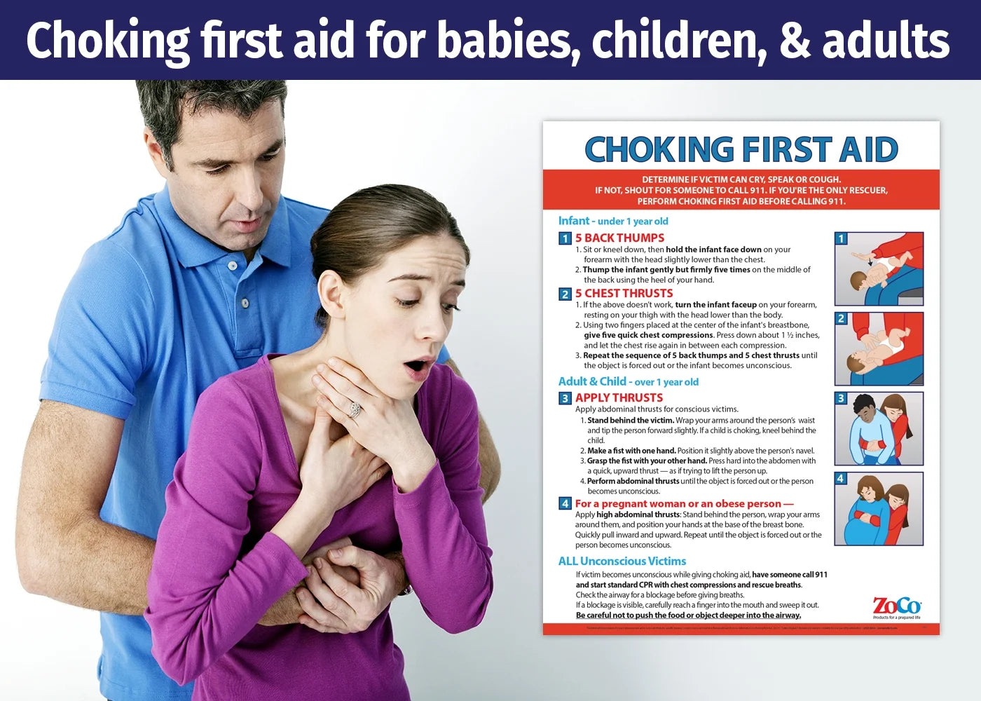 : Heimlich Maneuver / Choking First Aid Poster - Laminated, 17 X 22 In.