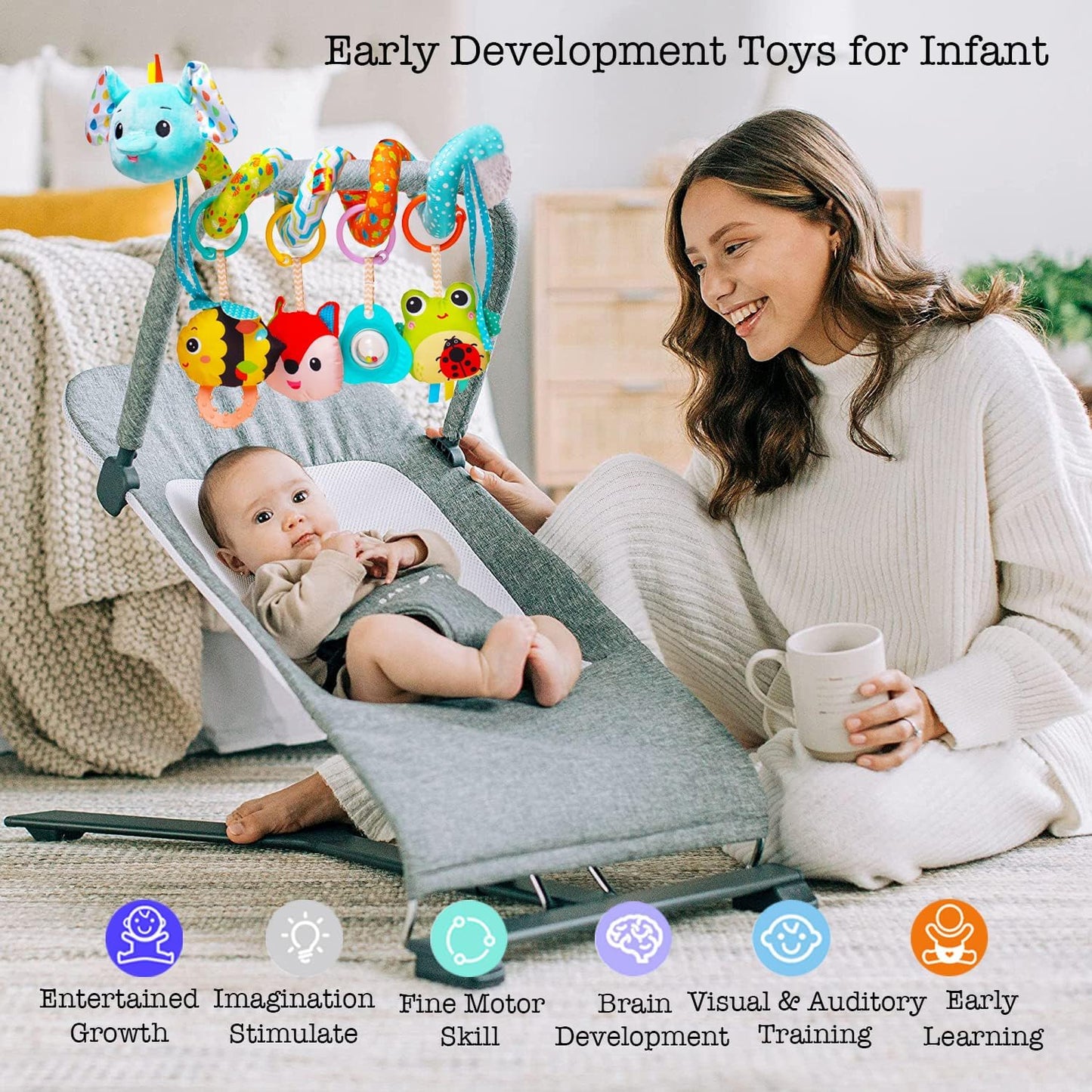 Stroller Toys, Car Seat Toys for Babies Infants 0-6 Months, Activity Spiral Plush Hanging Toy Gift for Baby Boys and Girls 0 3 6 12 Months Newborn Sensory Toy with Rattles Squeaker Music -Blue