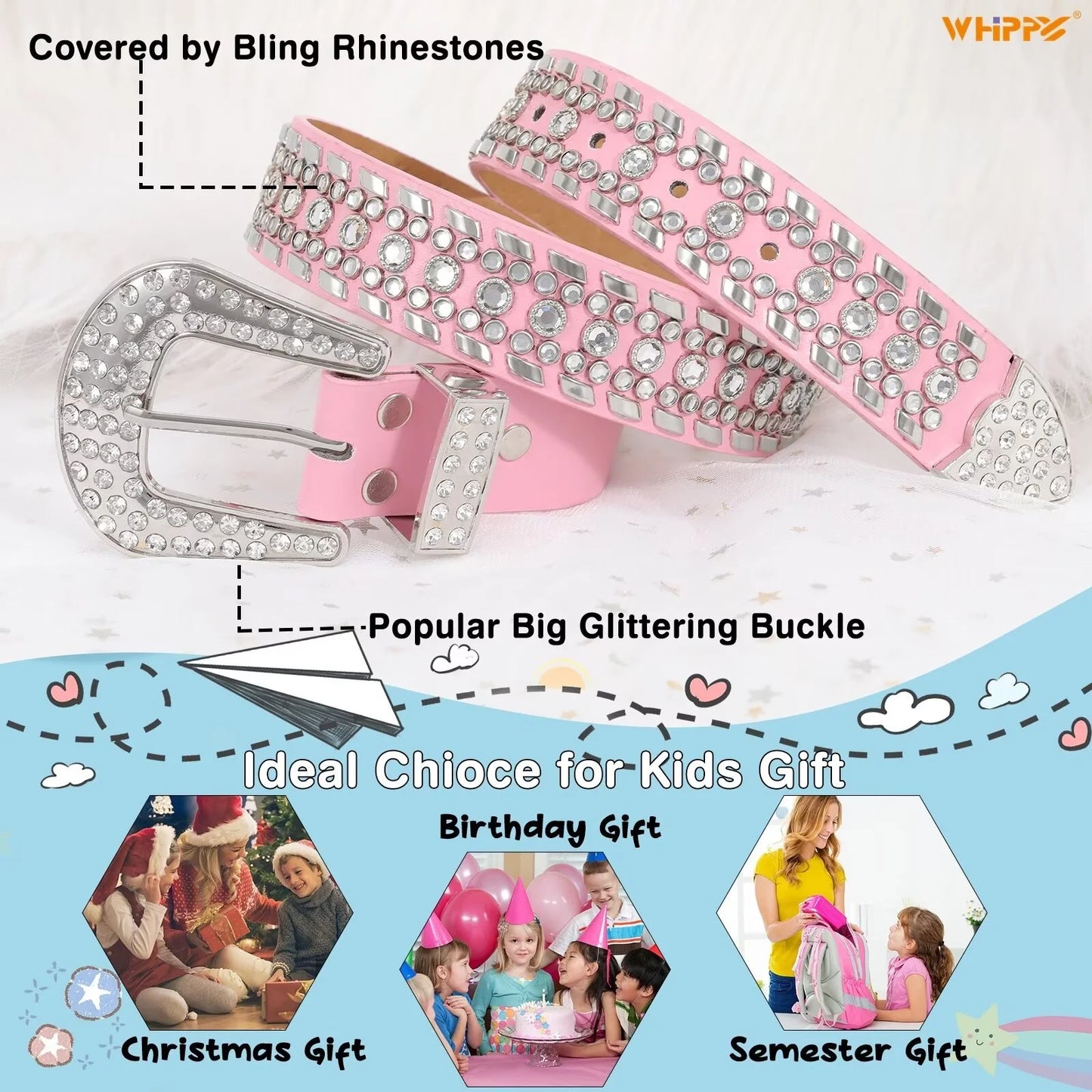 Kids Western Belt for Girls Boys Toddler Cowboy Cowgirl Belt for Jeans Dresses Rhinestone Studded Leather Belt