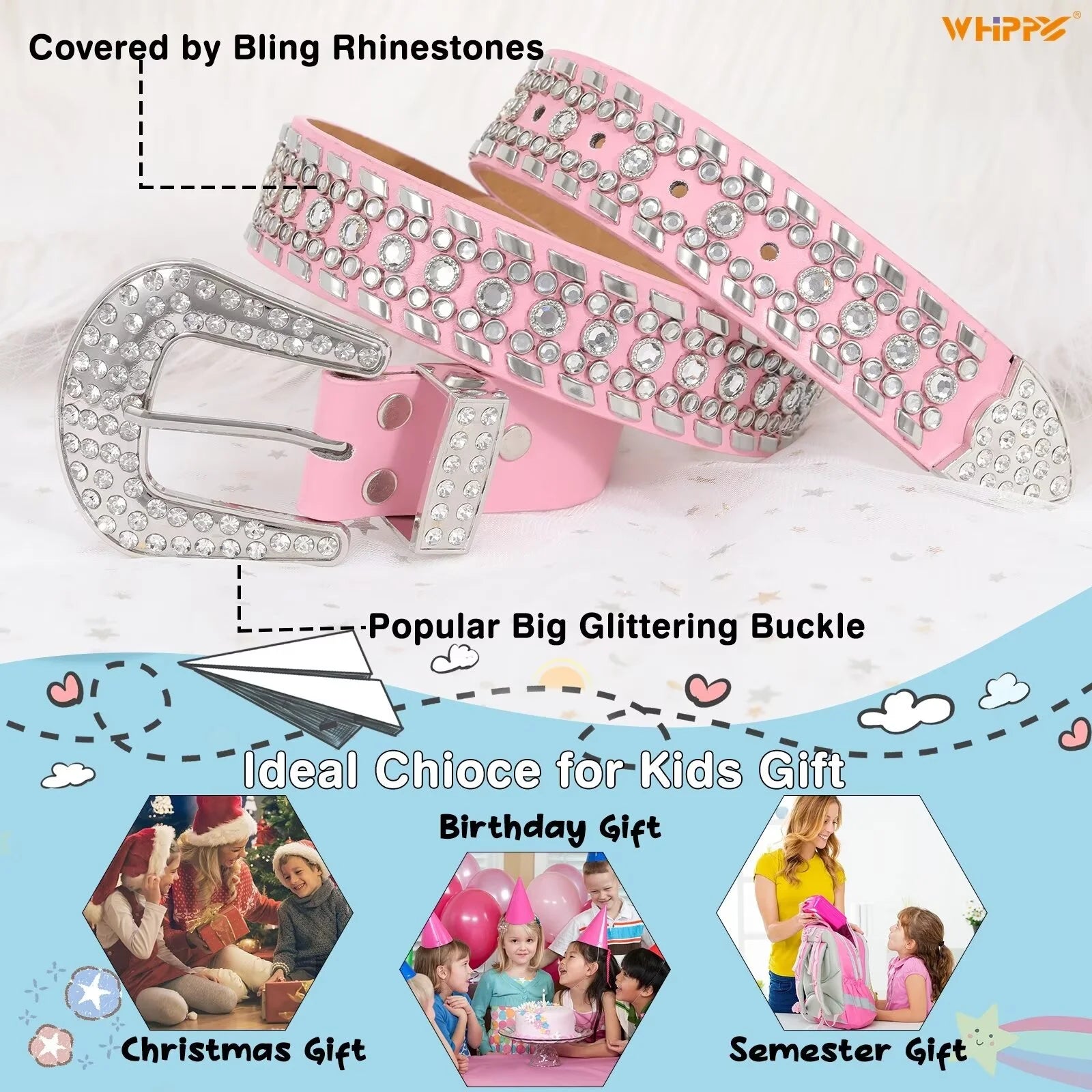 Kids Western Belt for Girls Boys Toddler Cowboy Cowgirl Belt for Jeans Dresses Rhinestone Studded Leather Belt