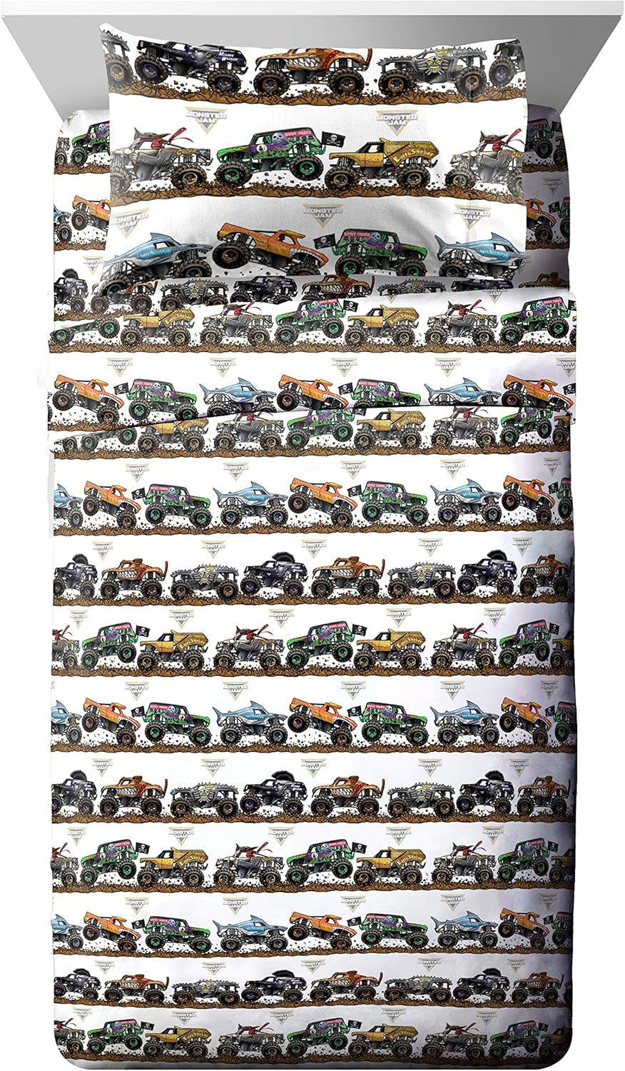 Monster Jam Tracks 4 Piece Twin Bed Set - Includes Comforter & Sheet Set - Bedding Features Grave Digger & Megalodon - Super Soft Fade Resistant Microfiber (Official Monster Jam Product)