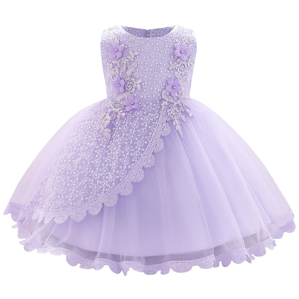 Baby Girl Flower Dress Sleeveless Lace Bowknot Princess Tulle Tutu Bridesmaid Wedding Baptism Birthday Party Prom Gown 9-12 Months Purple
