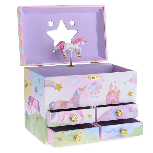 Musical Jewelry Box for Girls with 4 Pullout Drawer - Party Unicorn Jewelry Box, Beautiful Dreamer Tune & Unicorn Doll, Great Unicorn Gifts for Girls & Jewelry Storage Box