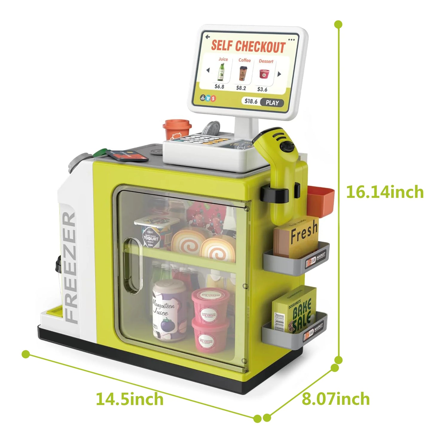 46PCS Upgraded Cash Register Playset for Kids, Cashier Register Toy, Kids Pretend Play Cash Register Toys with Scanner, Shopping Cart, Calculator, Play Food, Toys for Girls 3 6 Years-Green