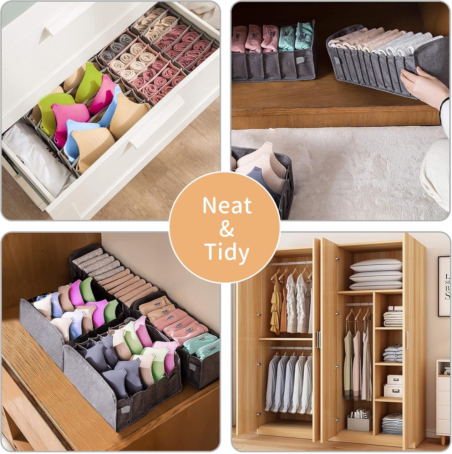 4 Pack Underwear and Bra Organizers, Foldable Closet Drawer Organizer, Grey