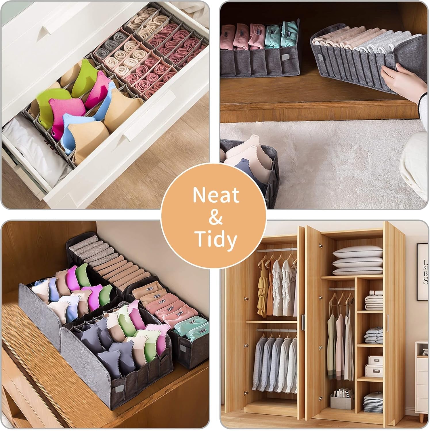 4 Pack Underwear and Bra Organizers, Foldable Closet Drawer Organizer, Grey