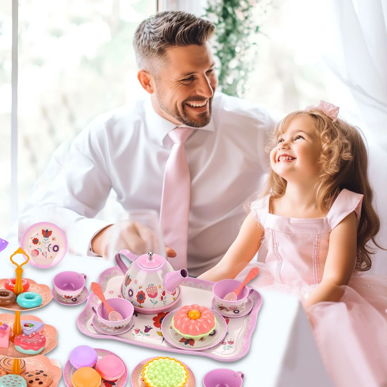 Tea Party Set for Little Girls, Princess Tea Set for Toddlers, Flower Design Toy Tea Set with Teapot, Cup, Plate, Coaster, Spoon and Carry Case, Pretend Play Toys for Kids