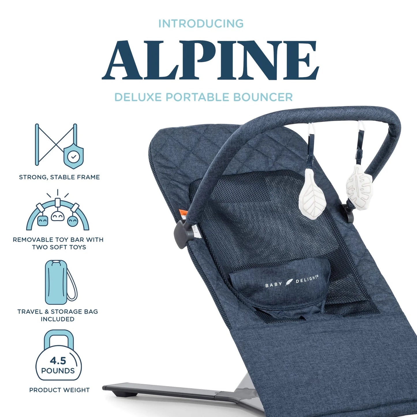 Alpine Deluxe Portable Baby Bouncer, for Infants 0-6 Months, Quilted Indigo