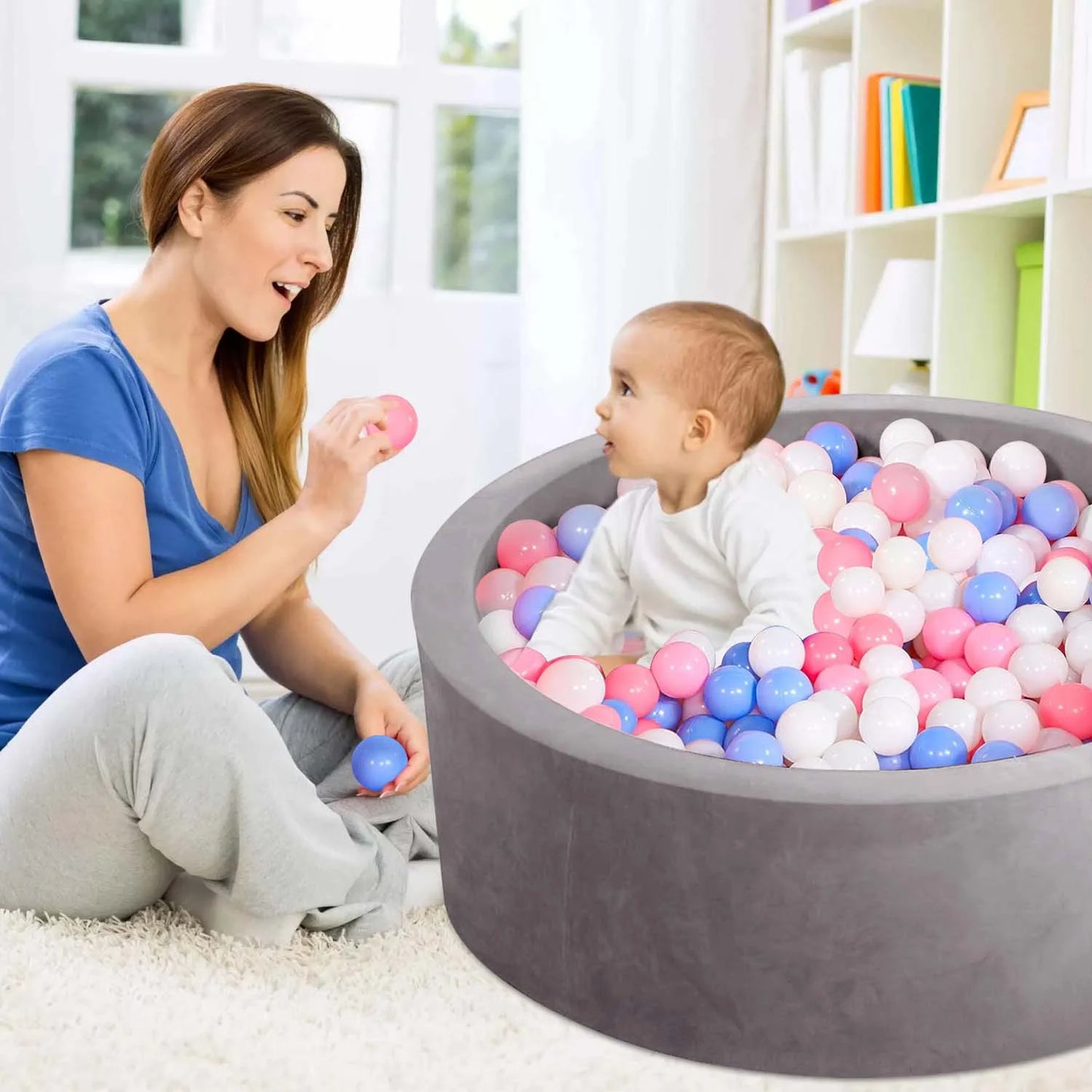 Foam Ball Pit - Soft Play for Baby Infants and Toddlers Ages 1-3, round Shape, No Balls Included, Gray
