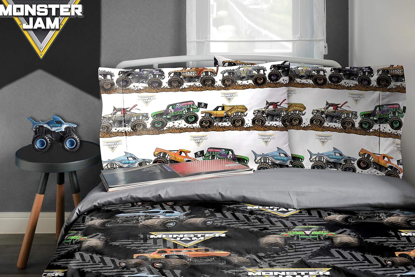 Monster Jam Tracks 4 Piece Twin Bed Set - Includes Comforter & Sheet Set - Bedding Features Grave Digger & Megalodon - Super Soft Fade Resistant Microfiber (Official Monster Jam Product)