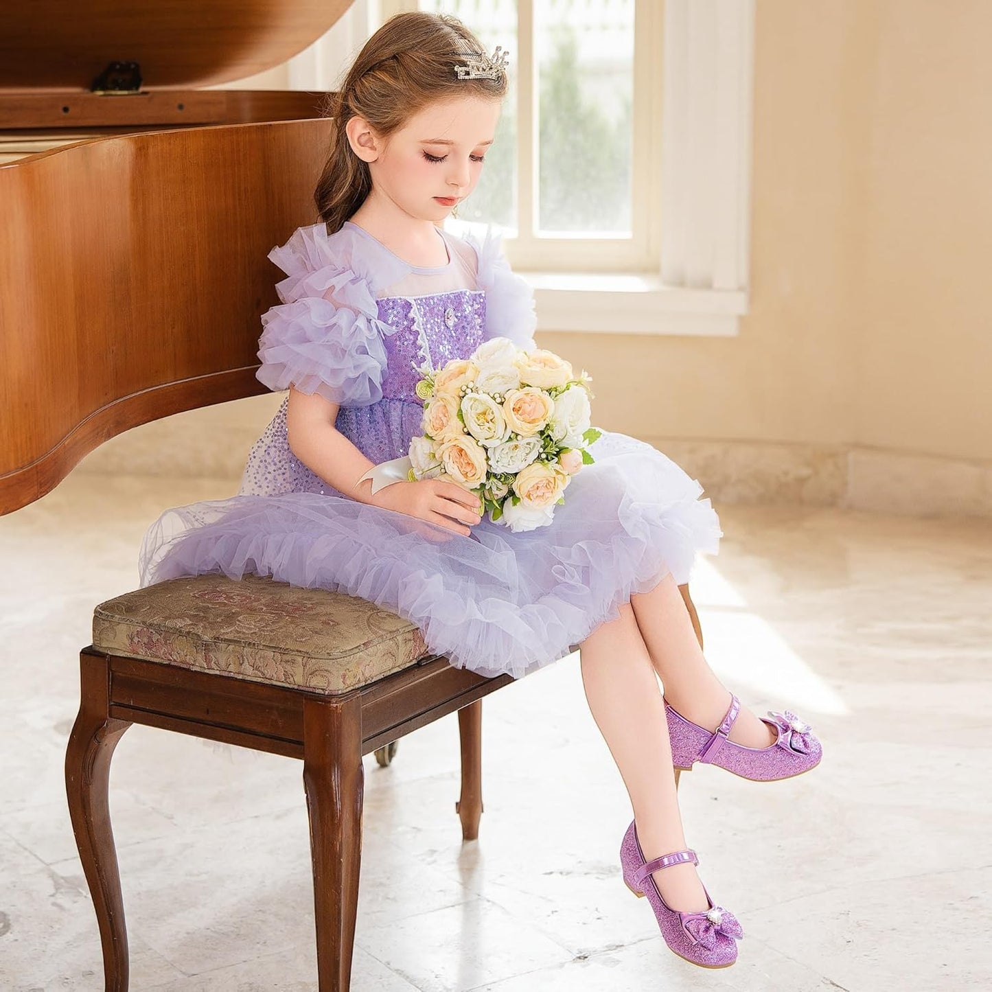 Girls Dress Shoes Mary Jane Wedding Flower Bridesmaids Heels Glitter Princess Shoes for Kids Toddler