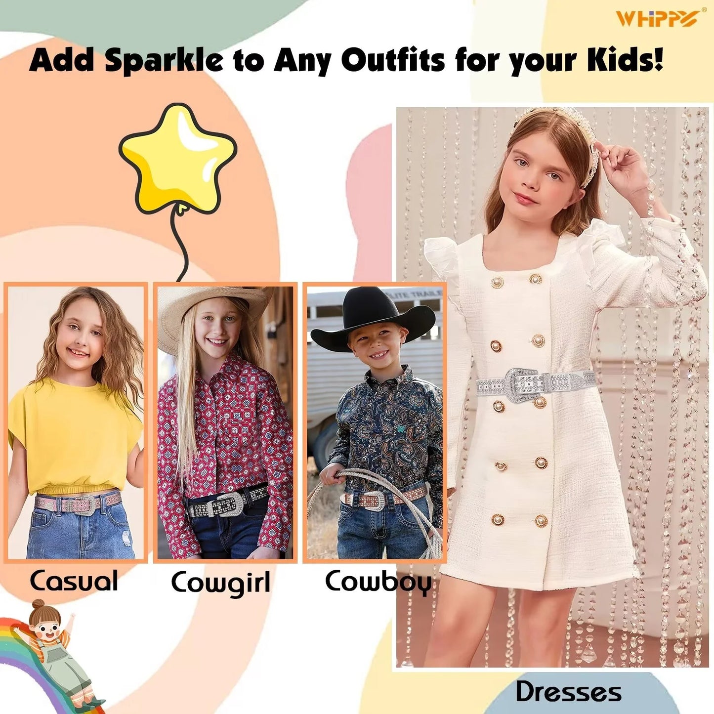 Kids Western Belt for Girls Boys Toddler Cowboy Cowgirl Belt for Jeans Dresses Rhinestone Studded Leather Belt