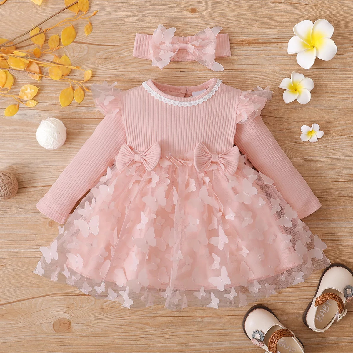 2Pcs Baby Girl Pink Mesh Dress Set,Ribbed Long Sleeve Splicing 3D Butterfly Appliques Princess Dress Pageant Party Birthday Wedding Flower Girl Dress,0-3T