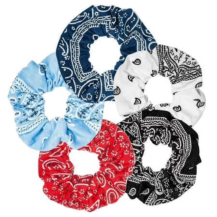Women Cotton Bandana Print Hair Ties, Paisley, 5 Ct