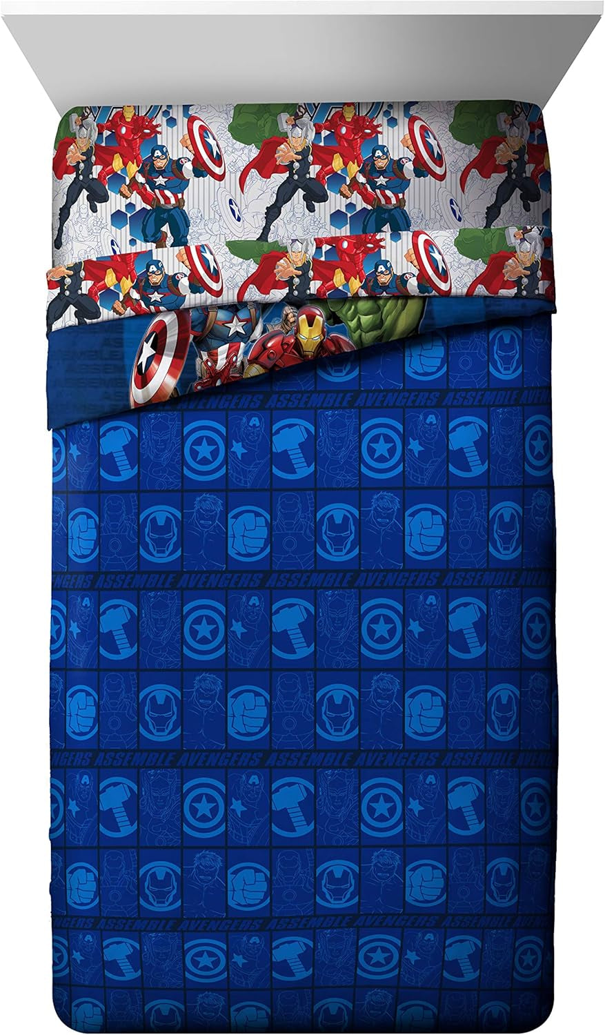 Marvel Avengers Blue Circle 5 Piece Full Bed Set - Includes Reversible Comforter & Sheet Set - Bedding Features Captain America & Iron Man - Fade Resistant Microfiber (Official Marvel Product)